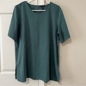 Eileen Fisher Teal Short Sleeve Boxy Blouse With Spilt Side Hem - Large